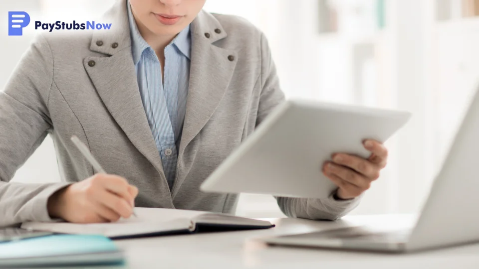 A self-employed individual uses a laptop and tablet to set up their payroll structure