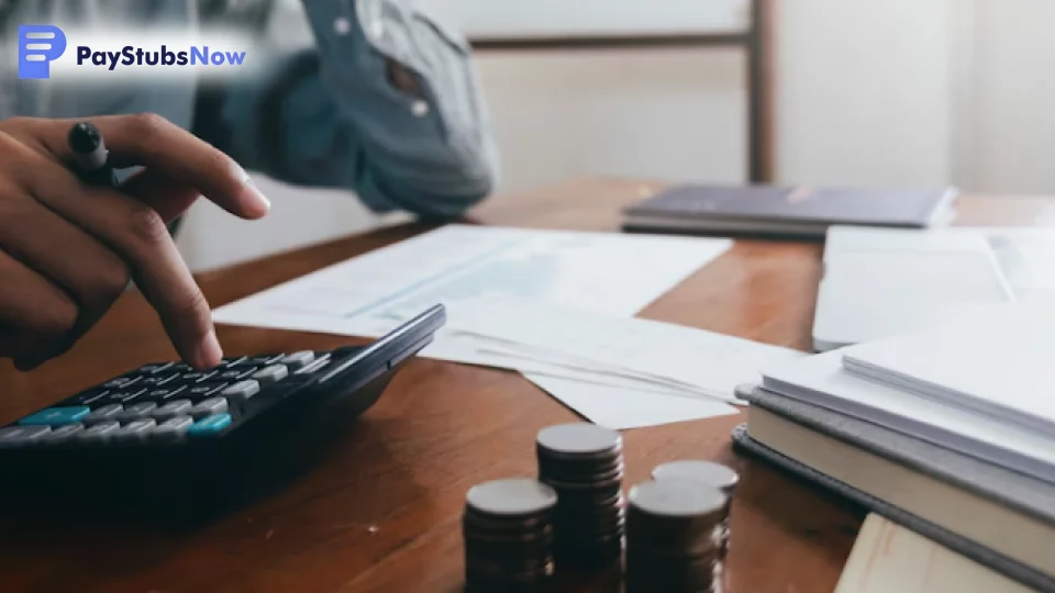 A person sits at a desk with a calculator and various other documents to calculate self-employment tax