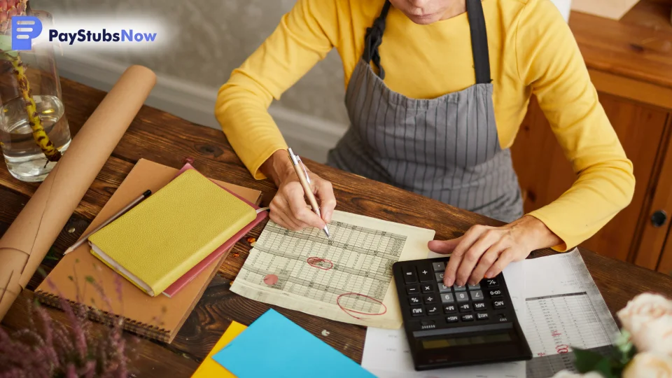 A small business owner sits at their desk and using a calculator to calculate their taxes