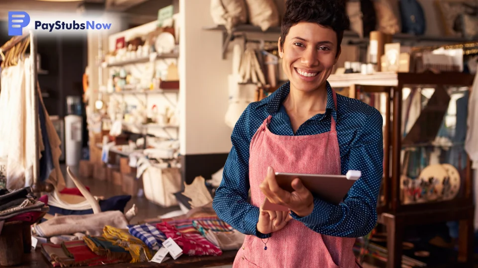 A small business owner is standing with a clipboard in their store