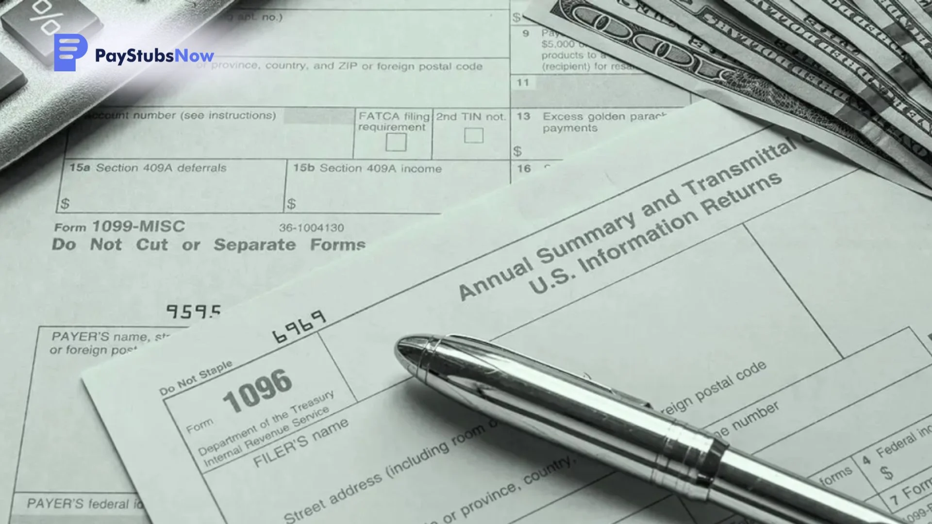 A Form 1096 (Annual Summary and Transmittal of U.S. Information Returns) form lies on top of other documents with a pen, calculator, and dollar bills.