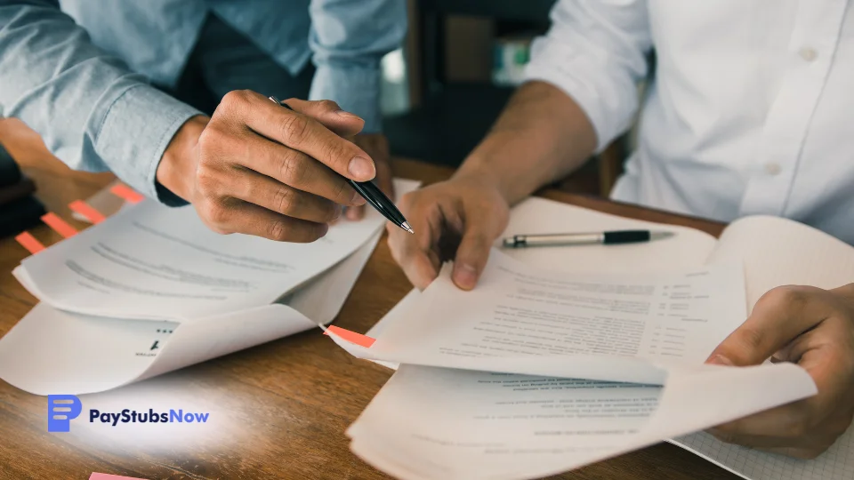Two business people reviewing documents at a table