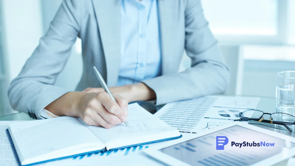 A person in a business suit writing in a notebook