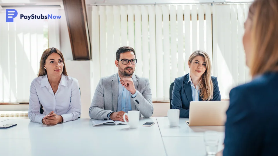 Three HR professionals sit across from a job candidate during an interview