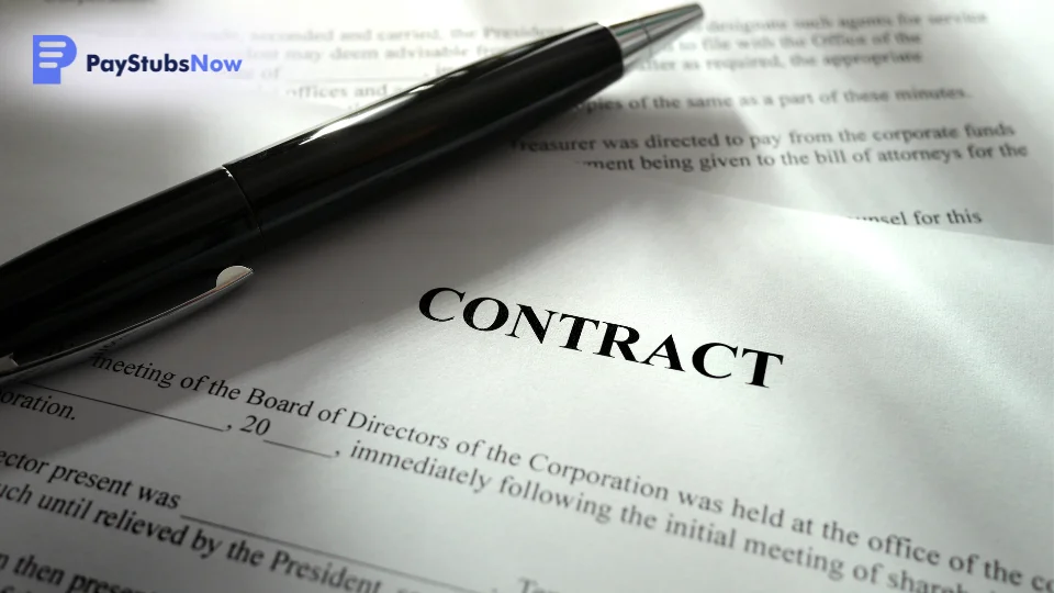 A signed contract with a pen rests on a desk