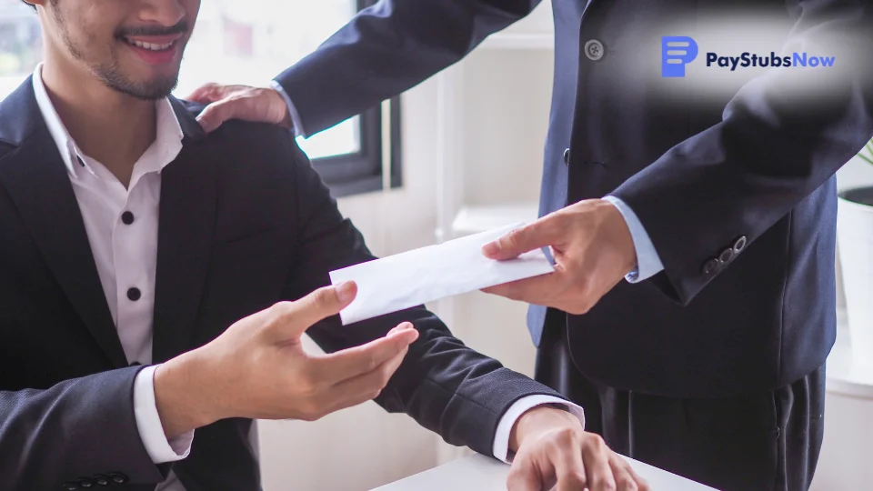 A boss handing an employee a bonus in an envelope