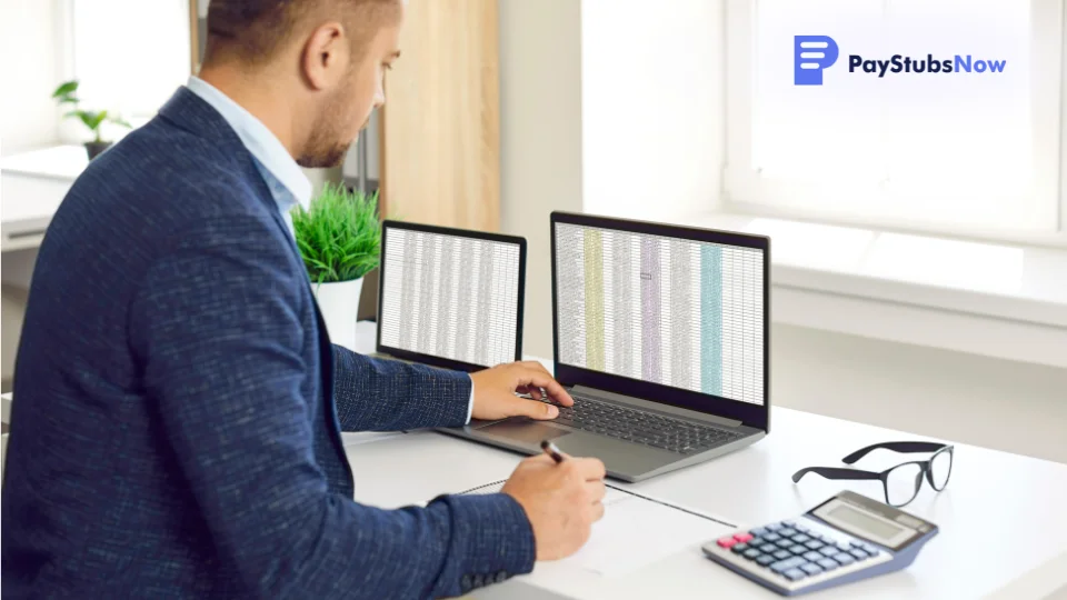 A person in a suit sitting at a desk with a laptop and calculator
