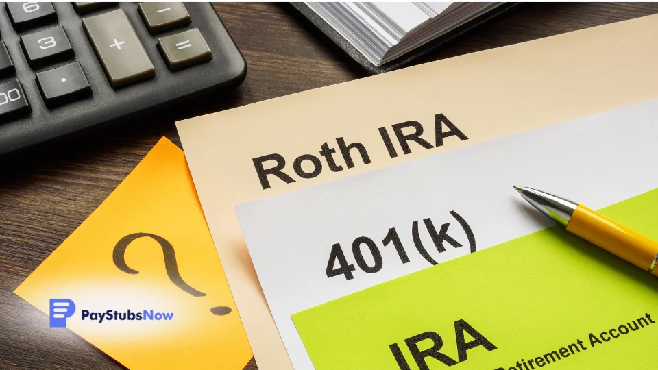 Desk with papers labeled 'Roth', '401k', and 'IRA' written across the top