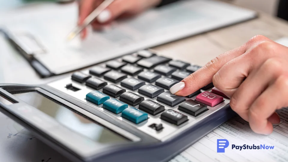A close-up of an HR professional calculating salary and bonus taxes using a pen, calculator, clipboard, and financial documents