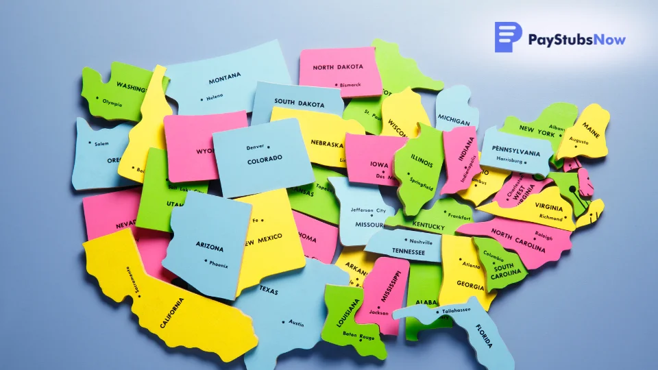 A map of the United States on a blue background with different states highlighted, showing variations in state taxes on bonuses