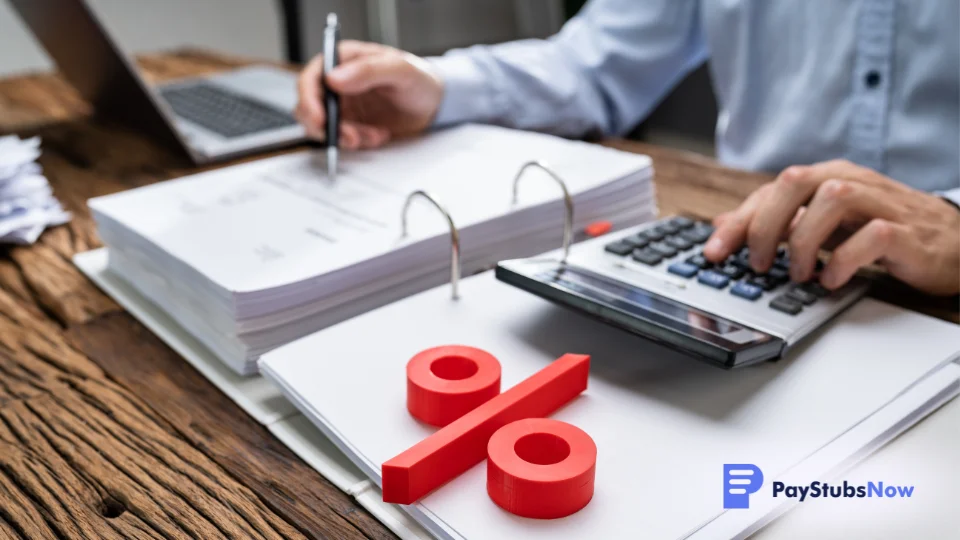 An HR professional uses a calculator at a desk to determine bonus tax withholding, with a red percent sign symbolizing the percentage method
