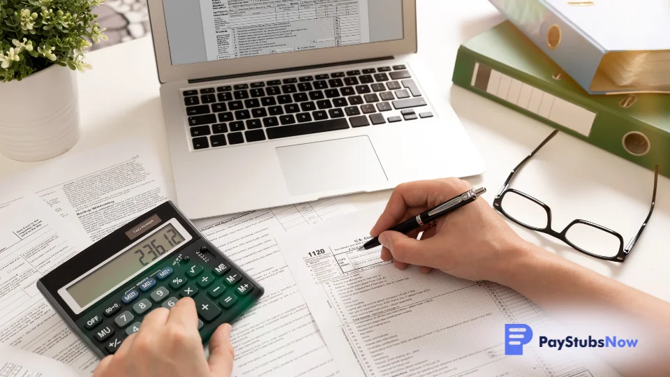 A person calculates taxes on a bonus using a calculator, with tax forms spread across the desk and a laptop displaying financial data