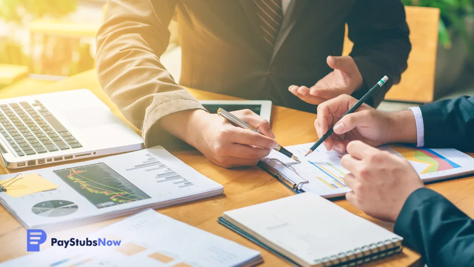 Two people sit at a desk reviewing documents with financial metrics for tracking income and expenses