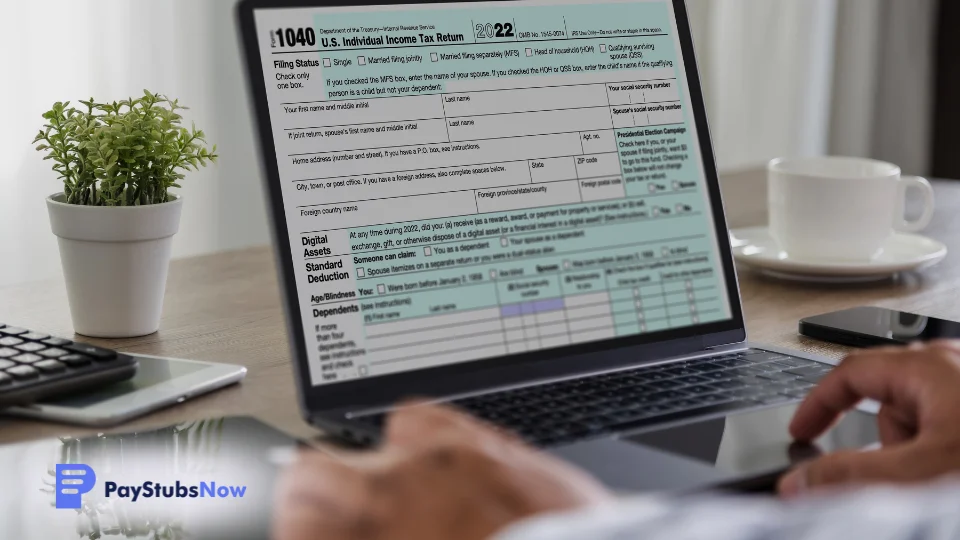 A self-employed person files taxes on a laptop with a tax form open, ensuring timely submission to avoid underpayment penalties