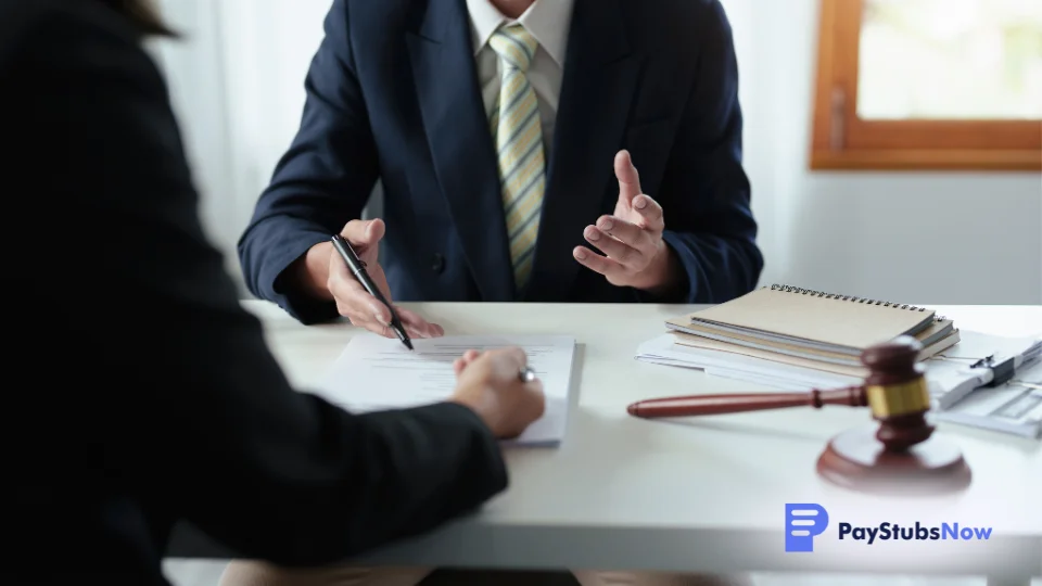 A business owner consults with a lawyer in an office, discussing legal issues related to employee misclassification