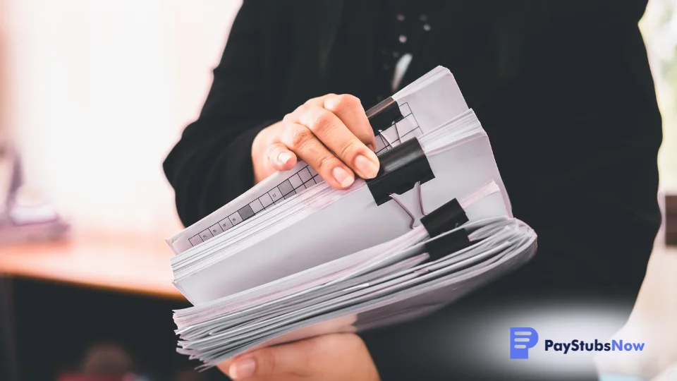 An HR professional holds payroll documents, reviewing employee compensation details
