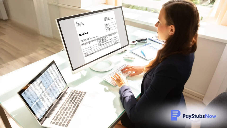 An outsourced payroll specialist works on invoices for a company's payroll process using a computer