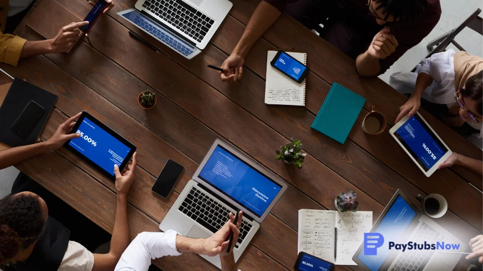 Business professionals sit around a table with laptops, discussing payroll outsourcing options for their company