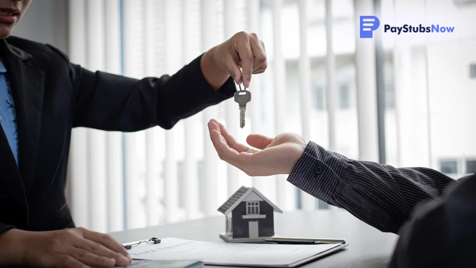 A real estate agent hands new apartment keys to a renter after verifying their proof of income letter.
