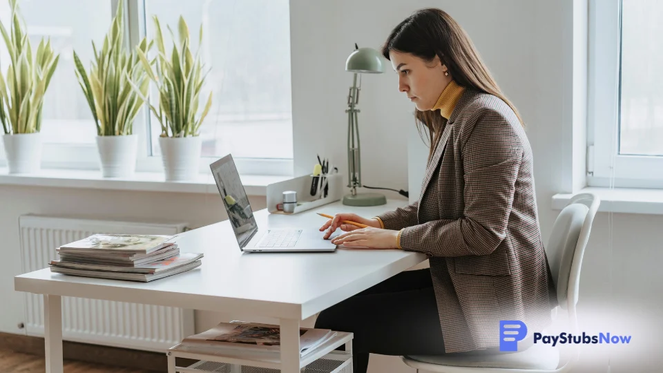 A self-employed individual sits at their desk, writing a proof of income letter on their laptop