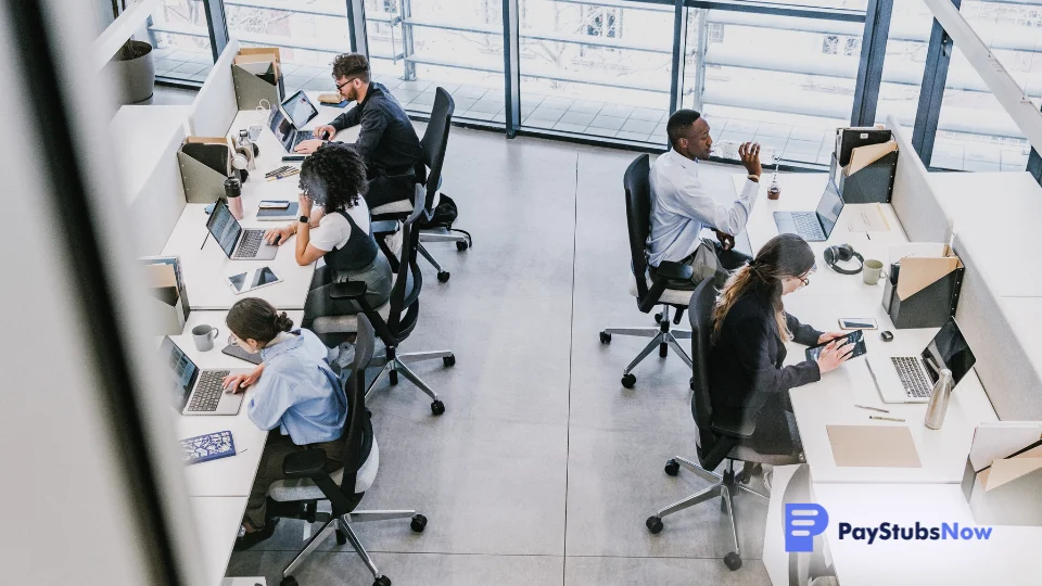Employees sit at desks in a shared office space