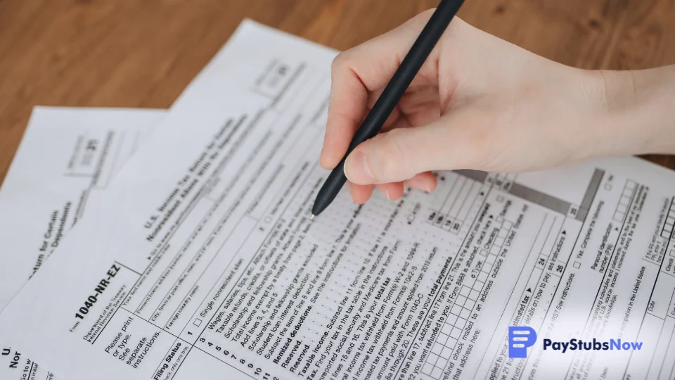 A person fills out tax forms with a pen at a desk