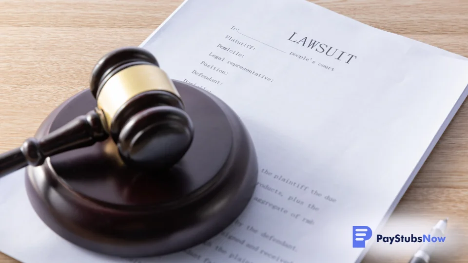A lawsuit document sits on a desk with a gavel placed on top
