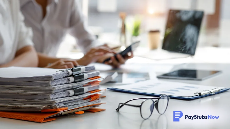 A business owner reviews documents and records at a desk