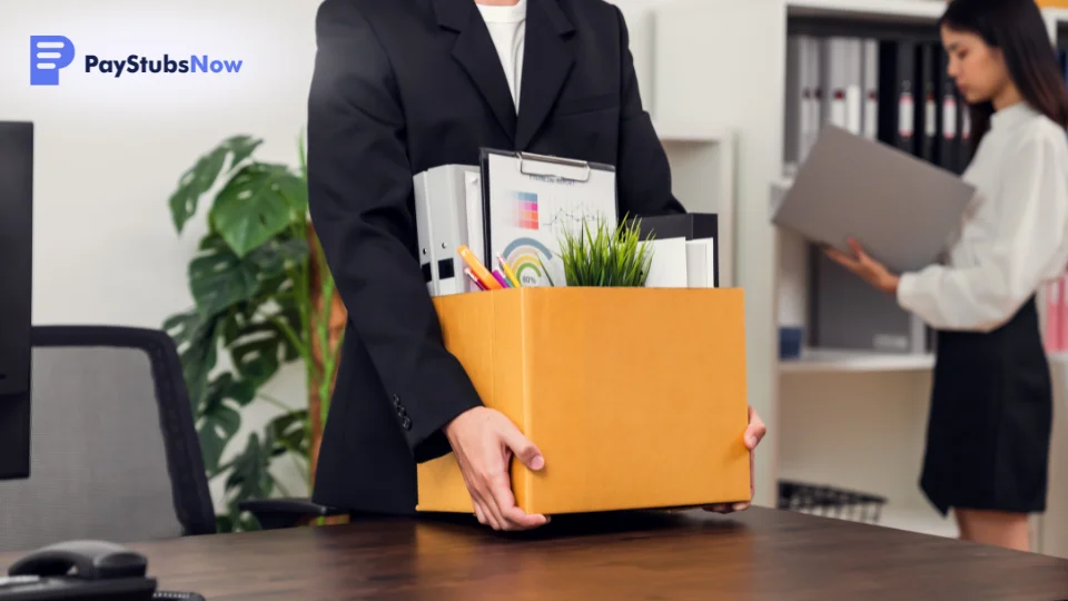 An employee carries a box of belongings out of an office on their last day