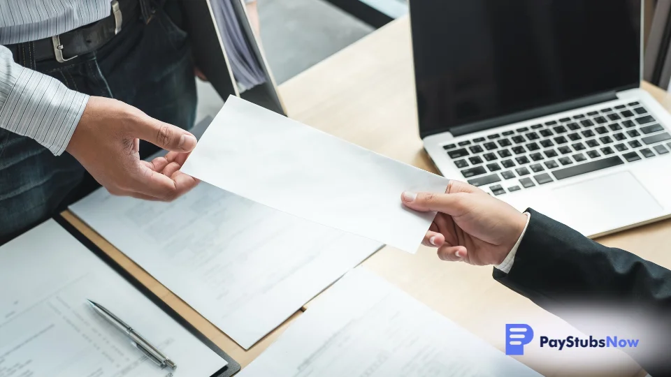 An employee hands a resignation letter to a manager across a desk