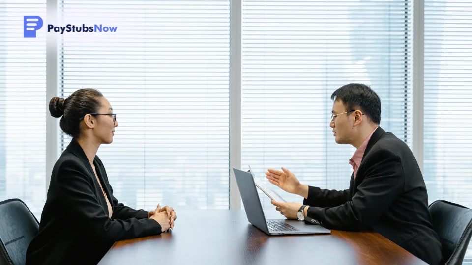 An HR representative conducts an exit interview with a departing employee