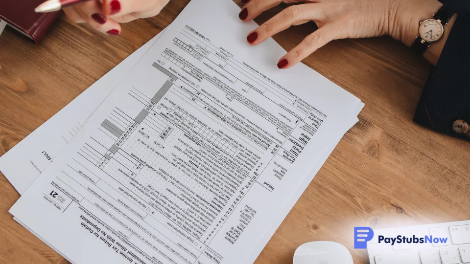 A person examines tax forms at a desk to prepare for filing