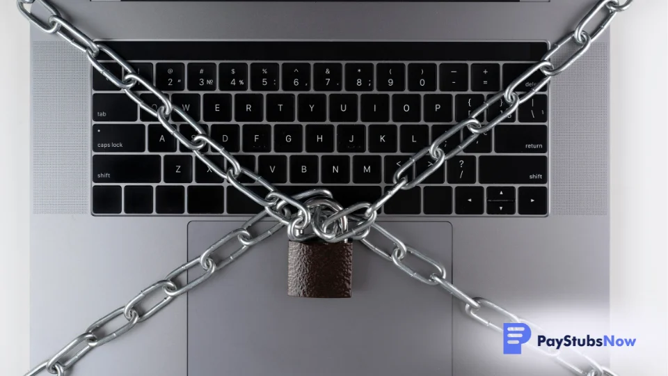 A laptop is secured with a chain and lock to represent data protection
