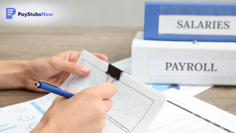 A person reviews payroll metrics on a printed report labeled salaries and payroll
