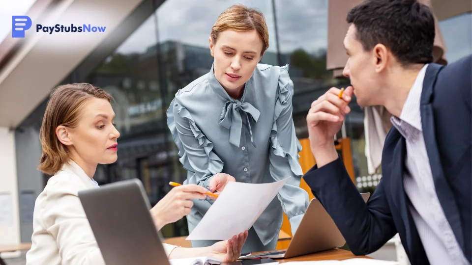 A small business team discusses payroll challenges around a desk