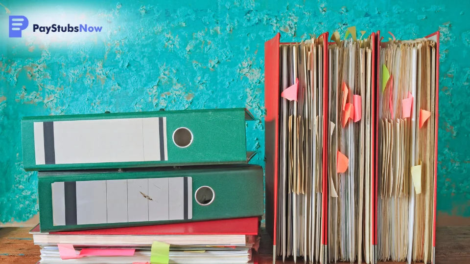 Payroll records are stacked and organized in labeled file folders