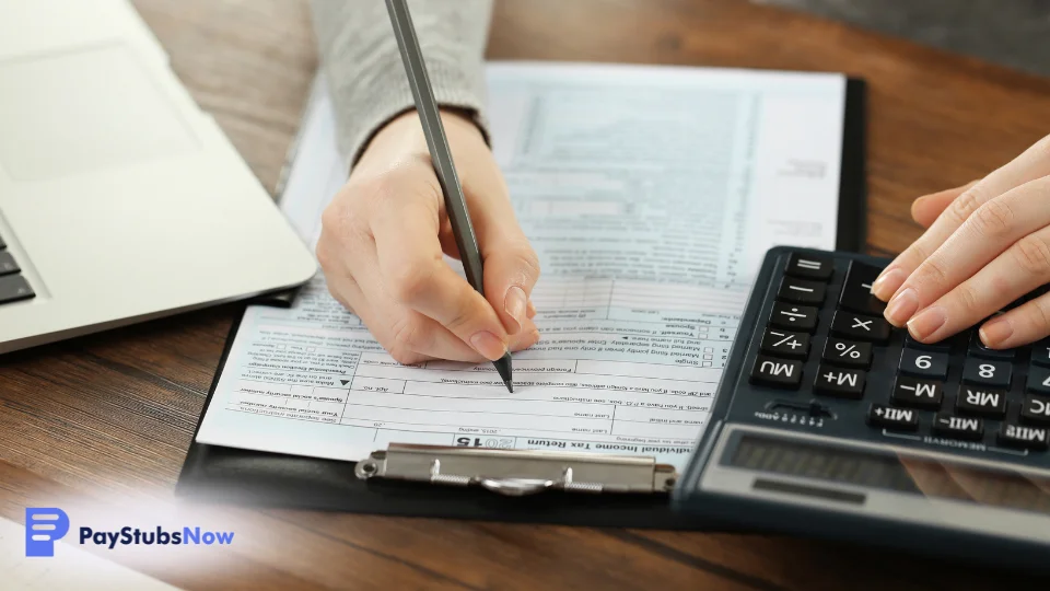 A person fills out a tax form on time using a pen and calculator