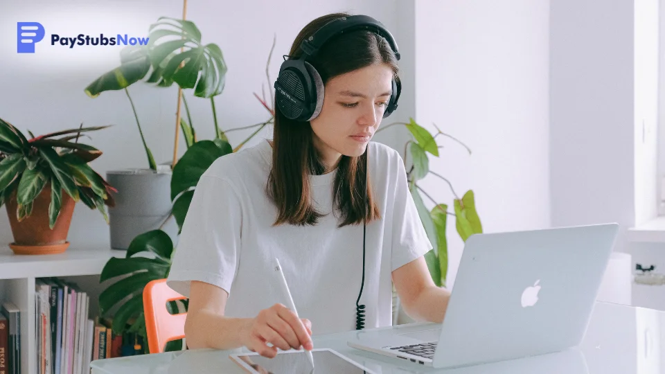 A freelancer uses a laptop and digital writing pad while working