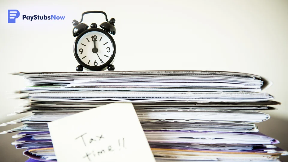 Tax documents are stacked with an alarm clock and a sticky note reading 'Tax Time'