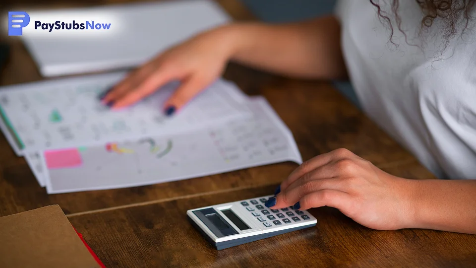 A payroll administrator sitting at a desk uses a calculator to determine overtime pay of an employee