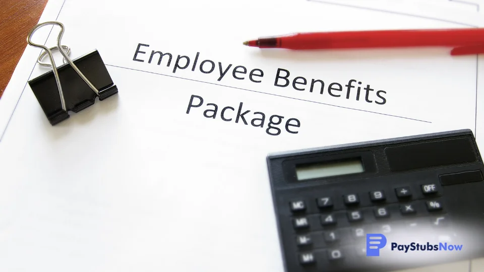 A document titled “Employee Benefits Package” sits on a desk beside a calculator and red pen