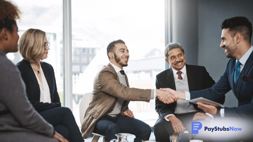 A manager shakes hands with a new employee after winning them over with a competitive compensation package