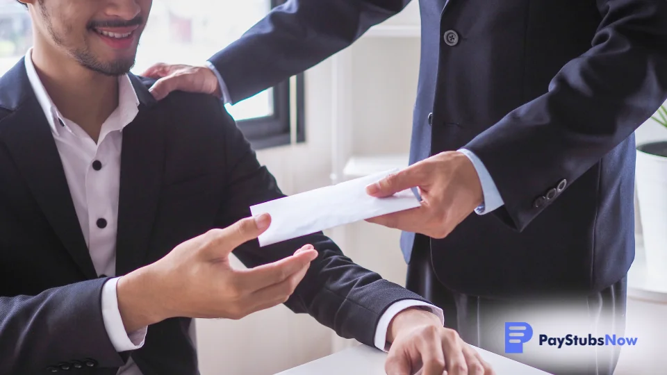 A new employee receives a white envelope with a sign on bonus inside from a manager