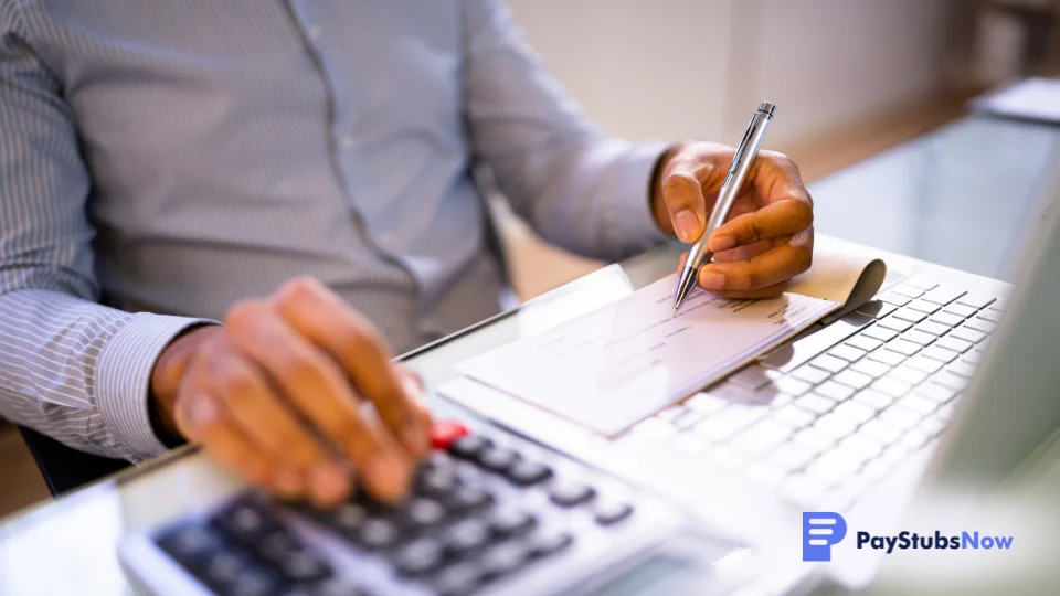 A business owner signs a bonus check while using a calculator and working on a computer