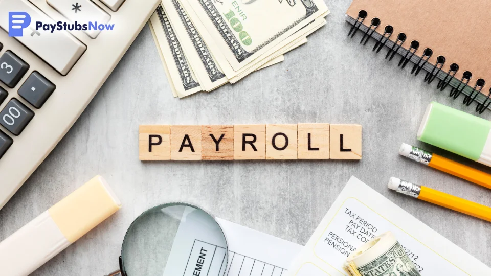 Wooden blocks with payroll written on them sit on a table with other objects, such as pencils, a magnifying glass, and one-hundred-dollar bills