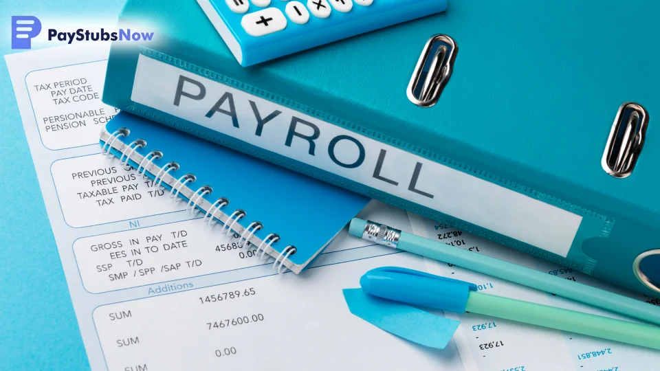 A payroll binder sits on a table with other financial documents and pens