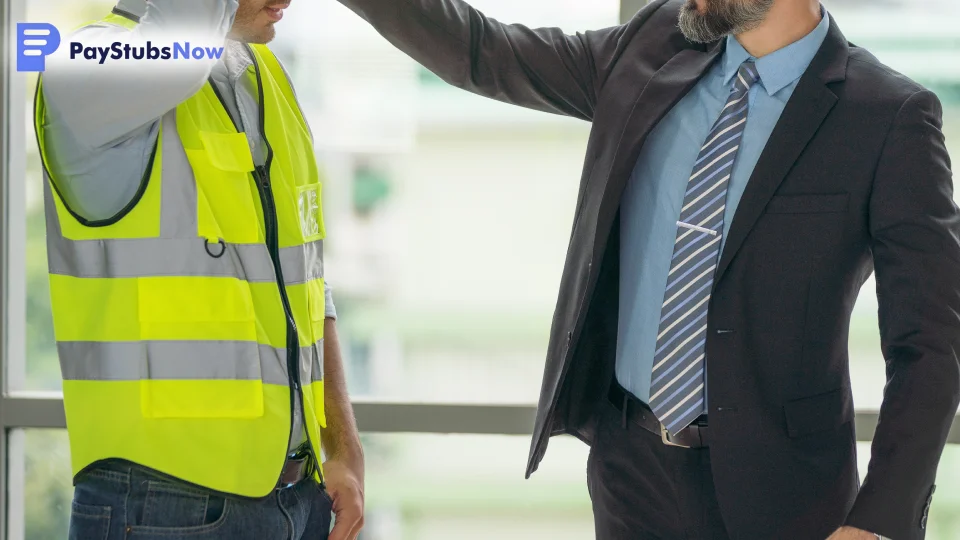 A business owner has a conversation with an employee on a job site