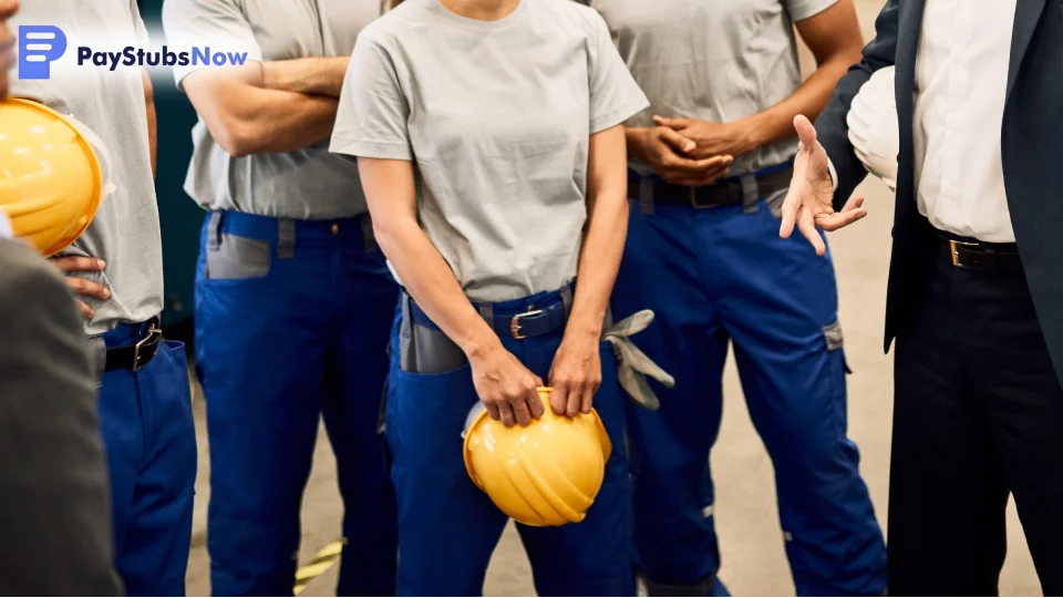 A group of employees stand together for a team briefing given by their boss