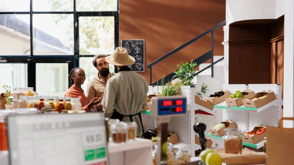 A store worker speaks with two customers near a produce display and digital checkout screen.