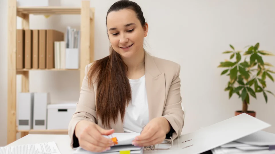 An HR professional organizes documents into a folder at her desk.